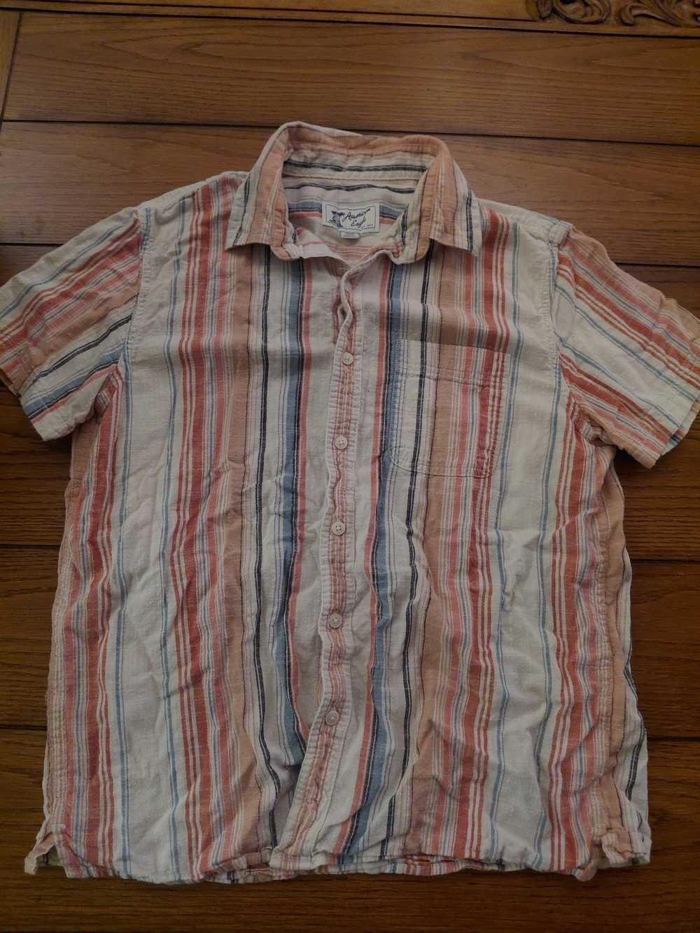 American Eagle Outfitters Striped Short-Sleeve Button-Down - Coral, Blue & White